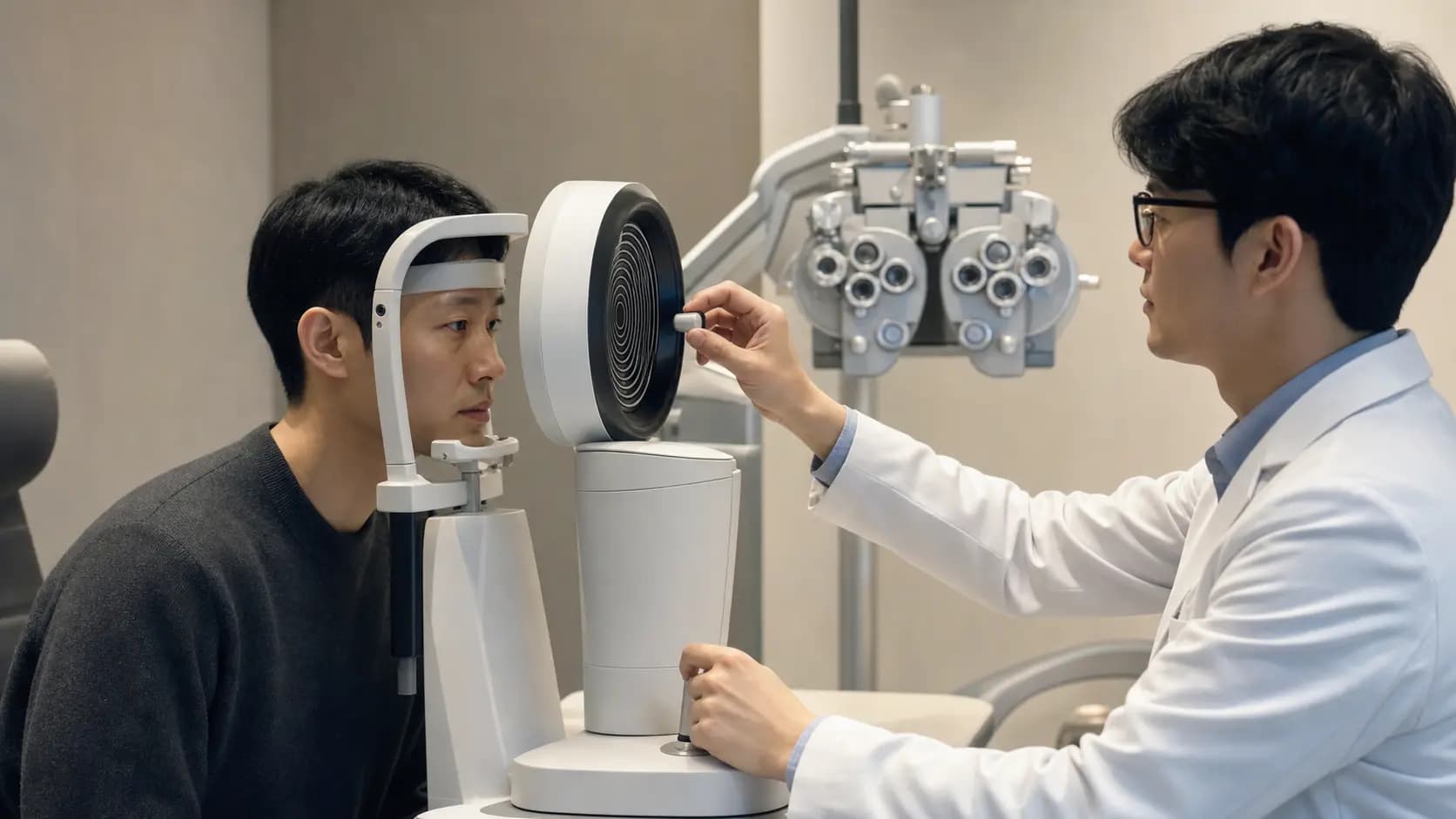 난시 교정 계획 전에 각막 상태를 정밀 측정하는 성인