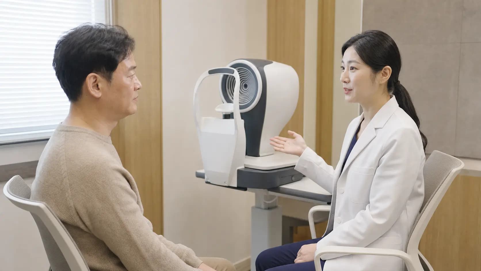 눈 검사 뒤 시력교정 비용 안내를 듣는 성인 상담