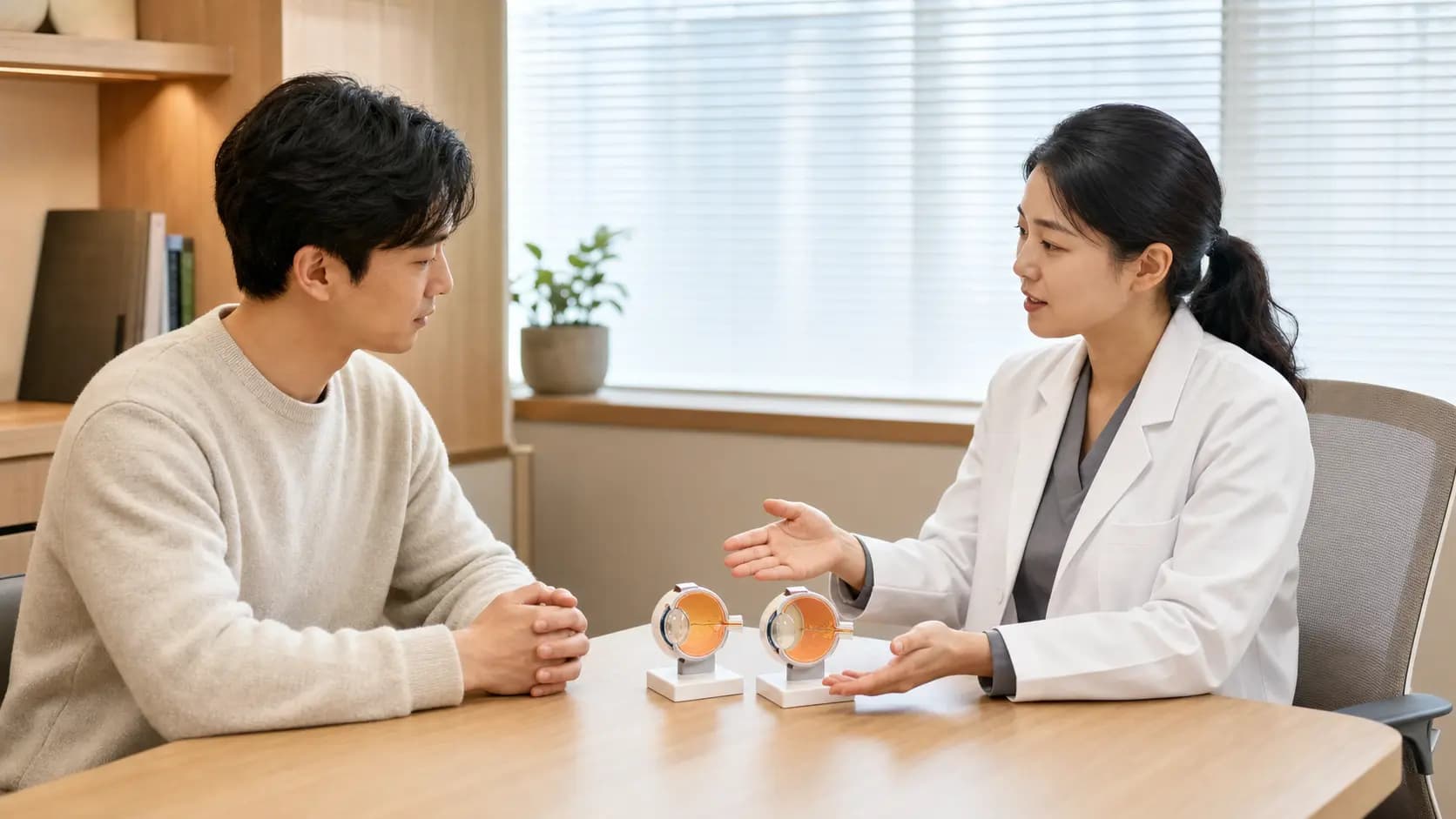 서로 다른 시력교정 선택 기준을 눈 모형으로 설명하는 상담