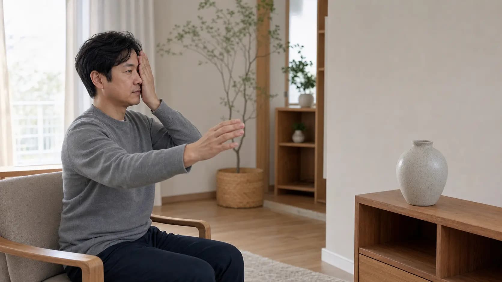 겹쳐 보임을 확인하려 한쪽 눈을 가리고 먼 물체를 보는 성인