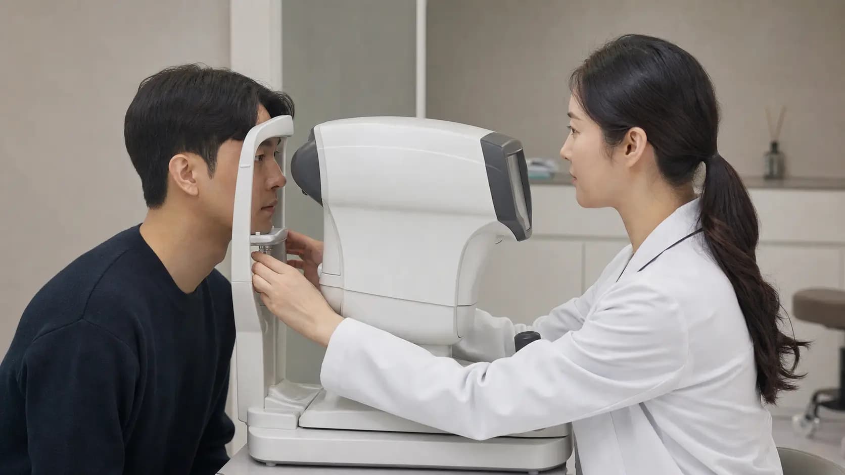 렌즈삽입술 상담에 앞서 광학계측 장비로 눈을 정밀 측정하는 성인 환자