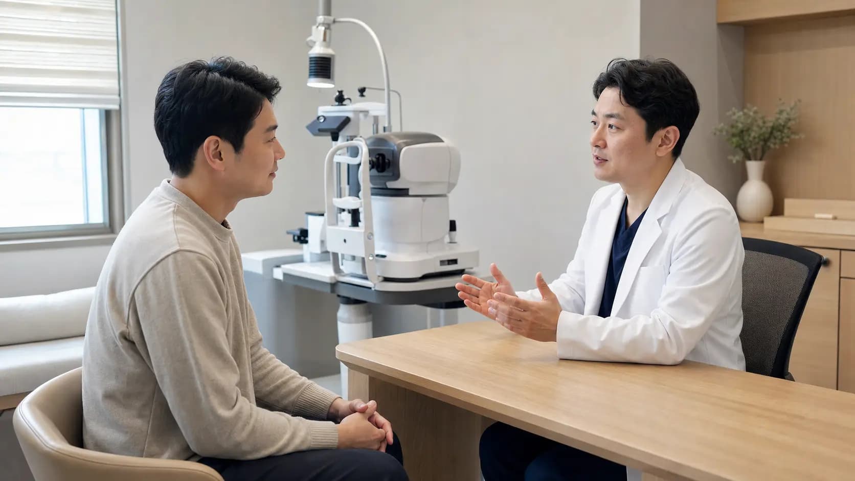 눈 검사 뒤 라식 비용 기준을 차분히 안내받는 성인