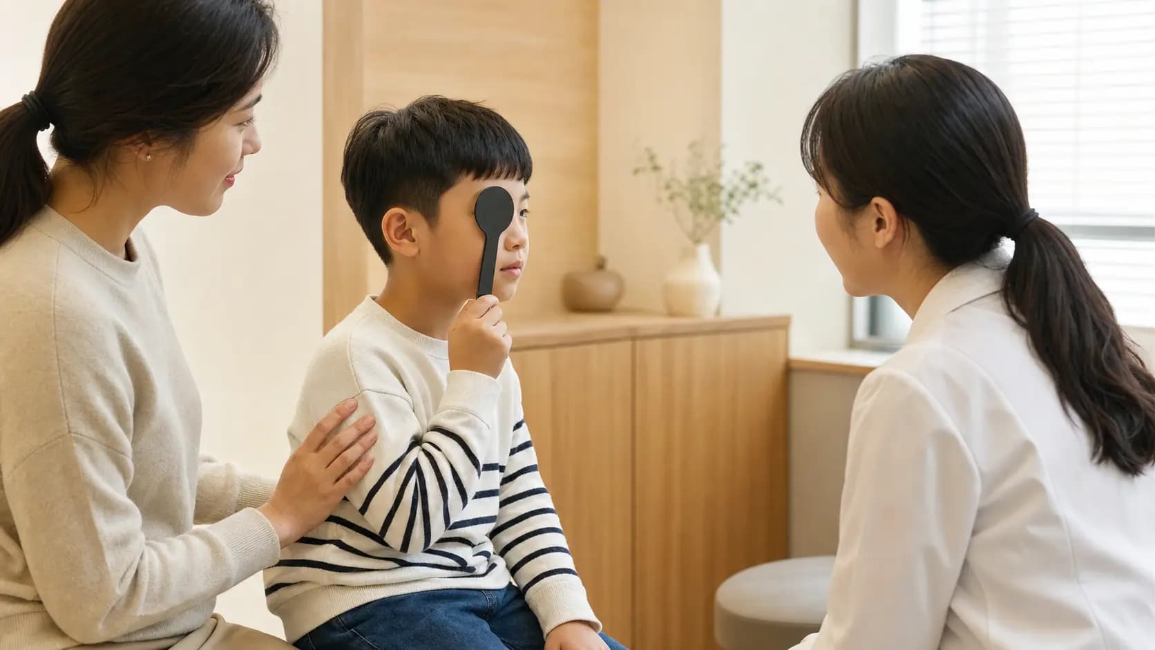 보호자와 함께 한쪽 눈을 가리고 소아 시각검진에 참여하는 어린이