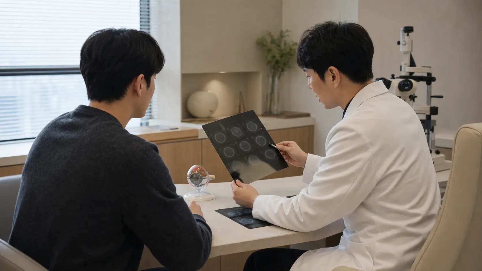 라식 관련 질문을 검사 자료와 함께 차분히 검토하는 성인 상담 장면