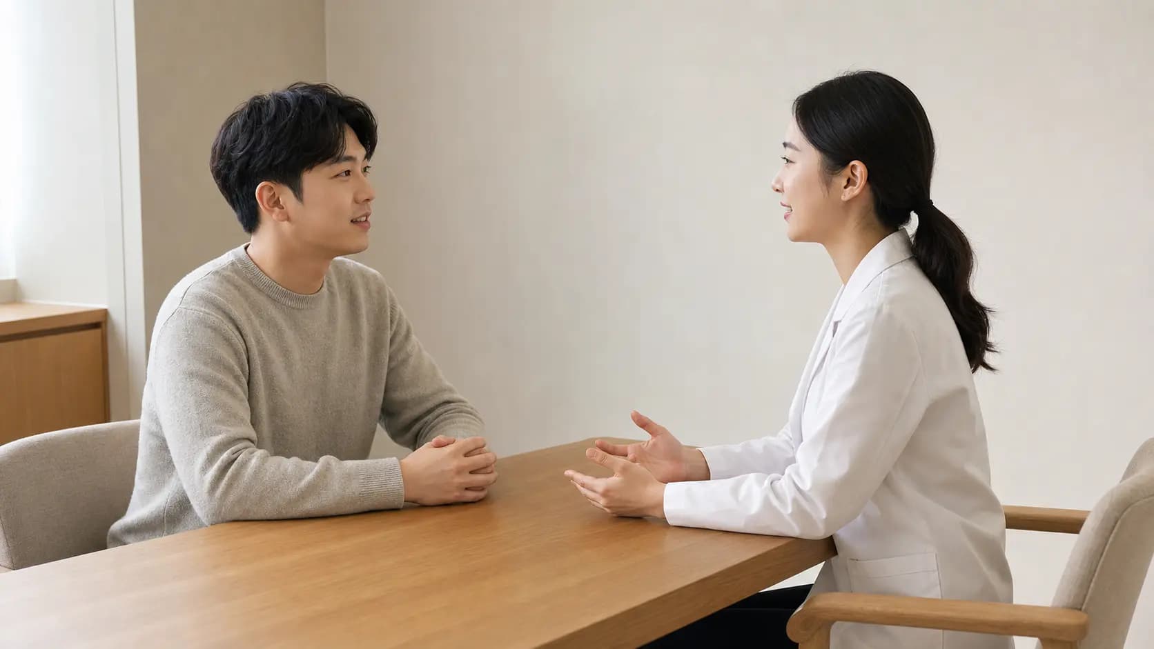 시력교정 회복 경과와 다음 방문을 상담하는 성인