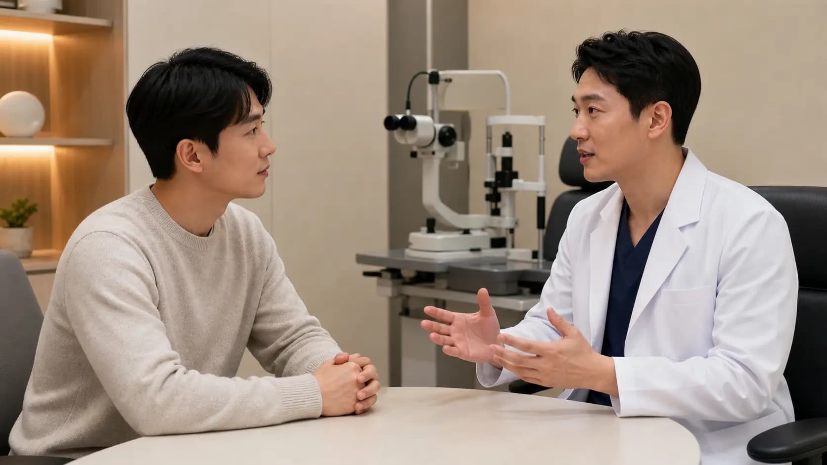라섹 검사 전 의료진과 차분히 상담하는 성인