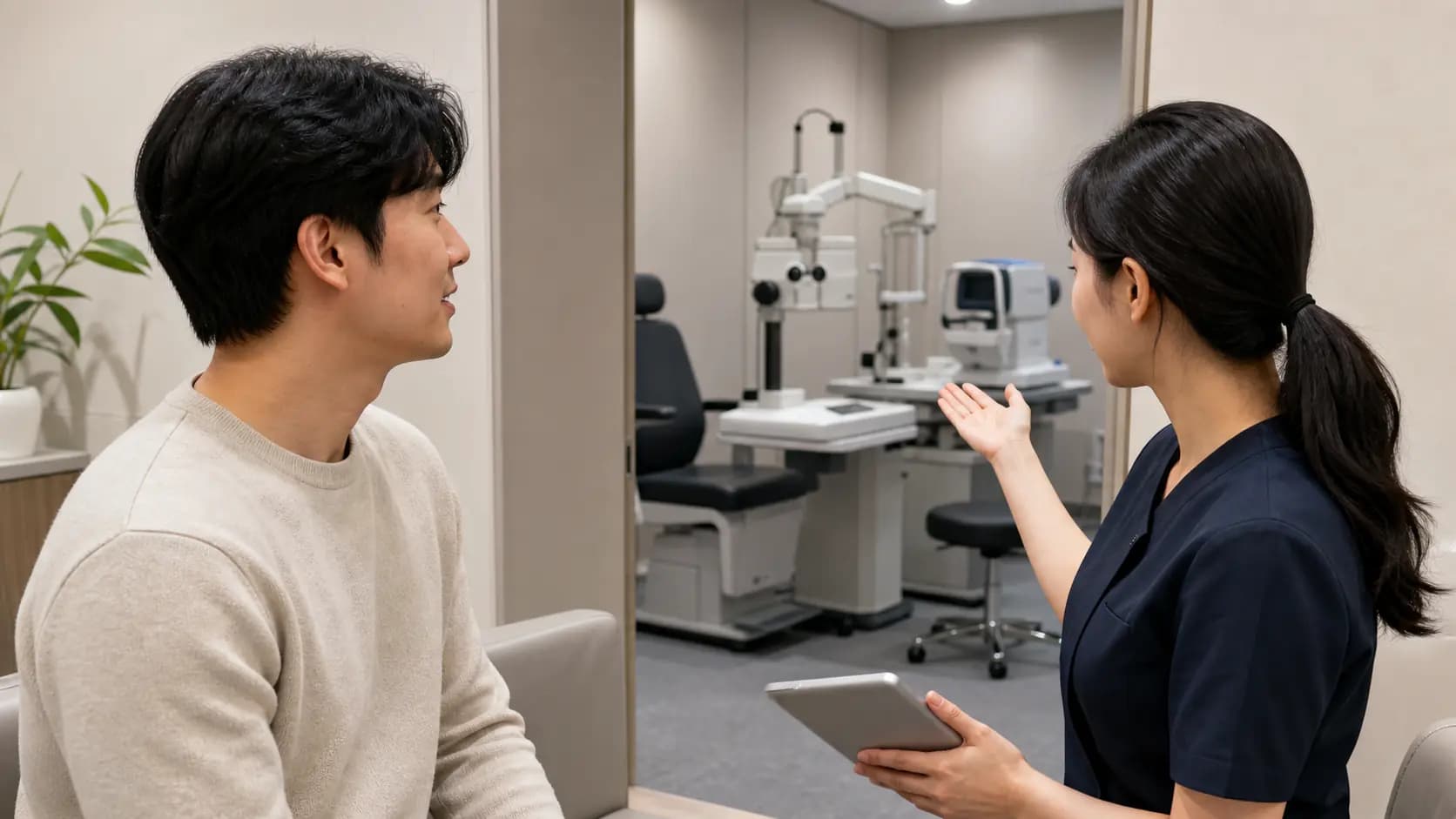 검사실 장비를 보며 술식 가능 여부를 상담하는 성인