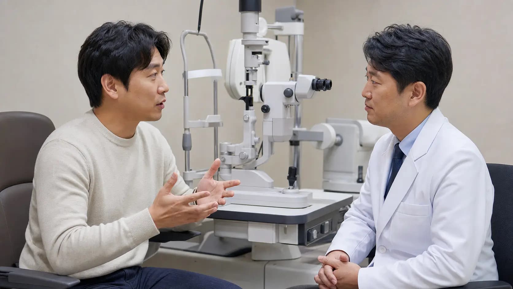 시력교정 상담에서 궁금한 점을 의료진에게 묻는 성인