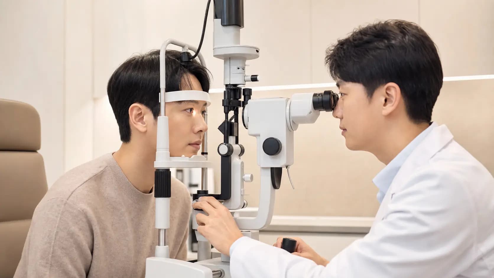 시력교정 뒤 세극등으로 눈 상태를 확인받는 성인