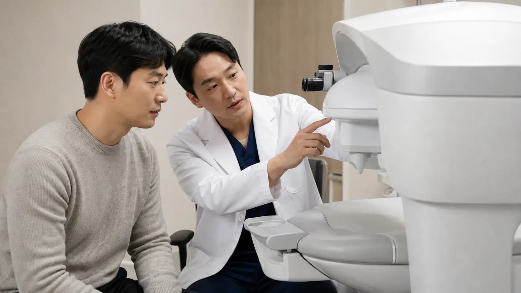 시력교정 장비의 특징을 의료진과 함께 살피는 성인