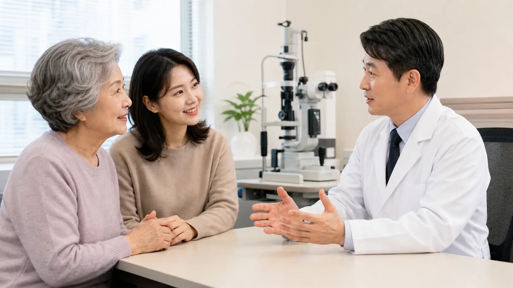 백내장 진료 일정을 의료진과 상의하는 고령 성인과 가족
