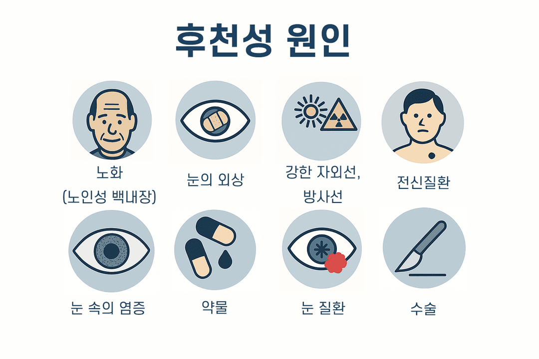 백내장 후천성 원인: 노화, 눈의 외상, 자외선·방사선, 전신질환, 눈 속 염증, 약물, 눈 질환, 수술