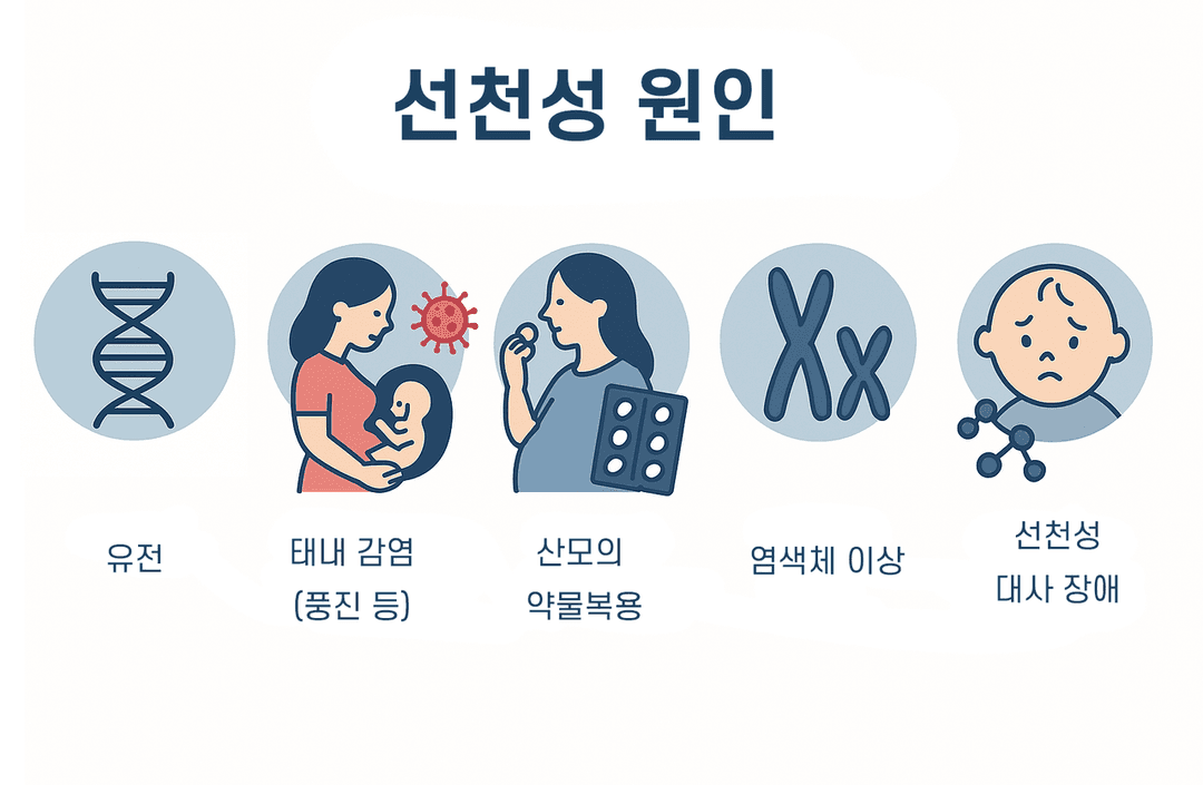 백내장 선천성 원인: 유전, 태내 감염, 산모의 약물복용, 염색체 이상, 선천성 대사 장애