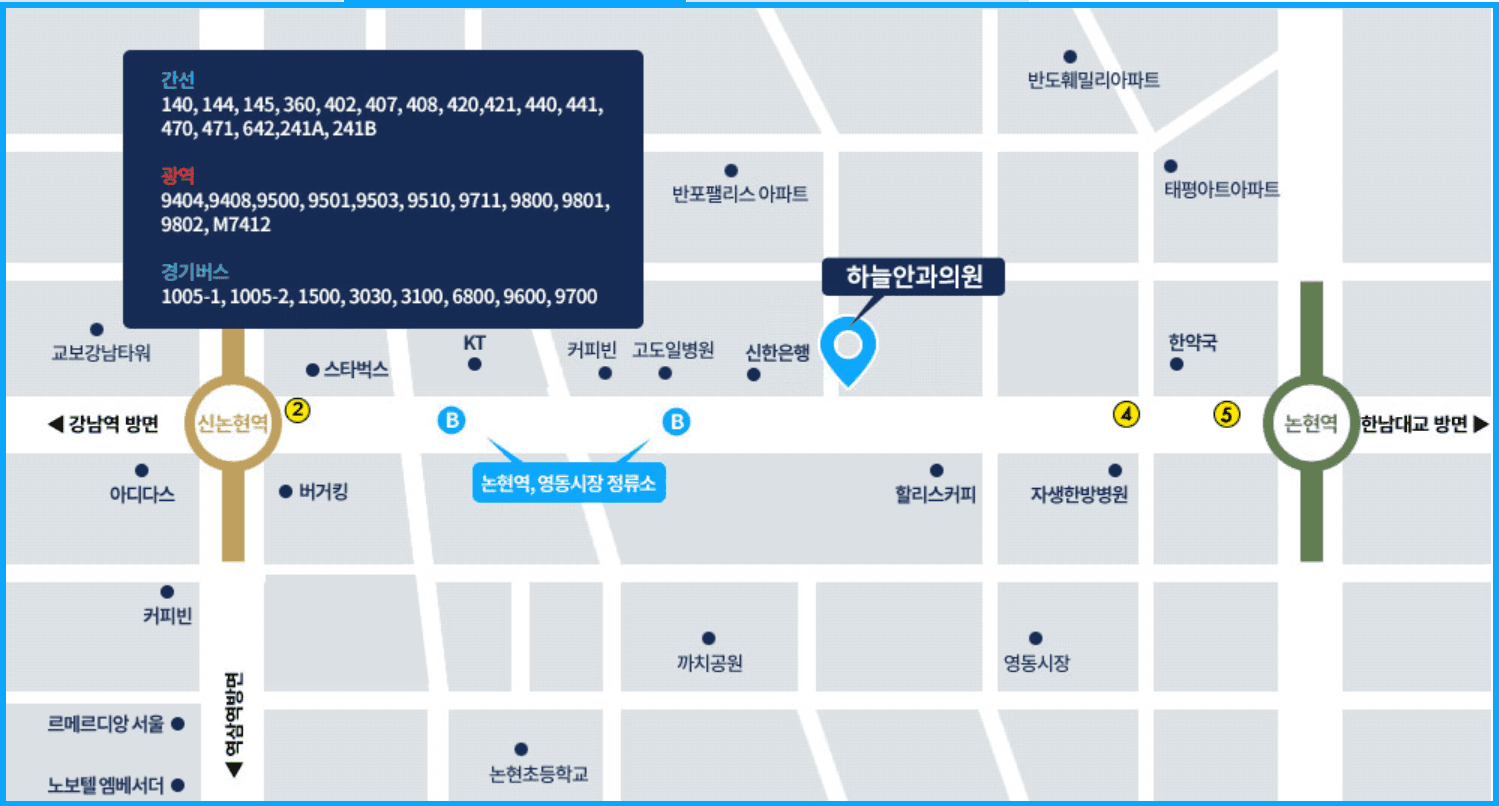 버스 약도: 논현역·영동시장 정류소 하차, 간선·광역·경기버스 노선 안내