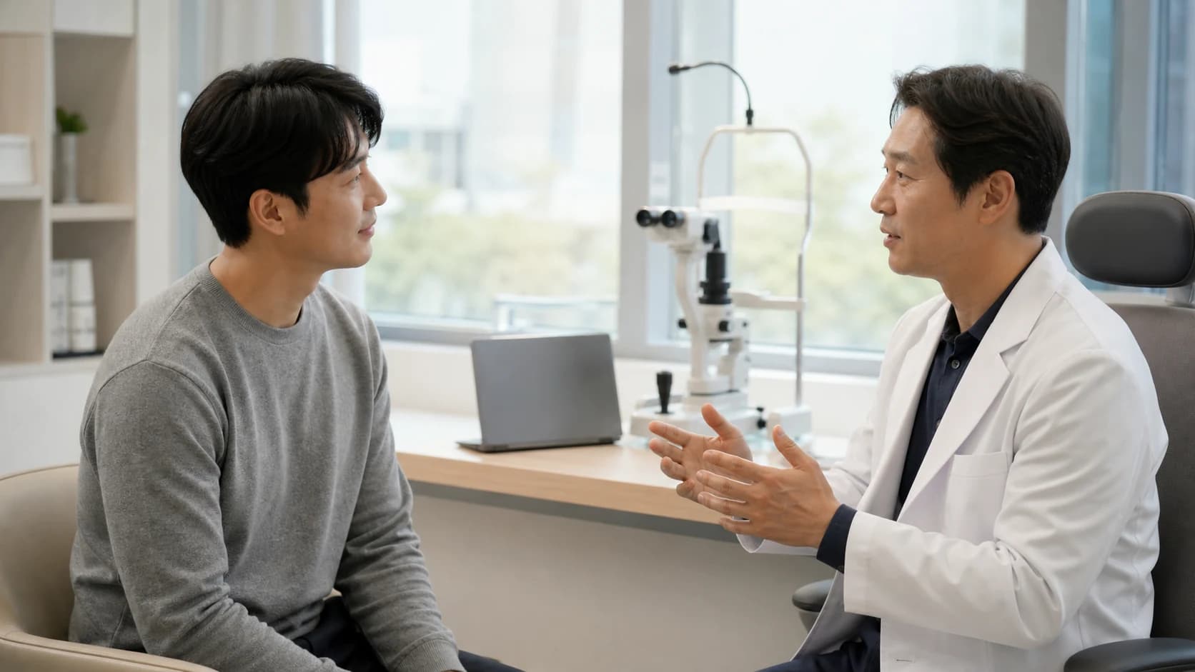 안과 상담실에서 성인 환자에게 일상과 업무 복귀 일정을 설명하는 장면