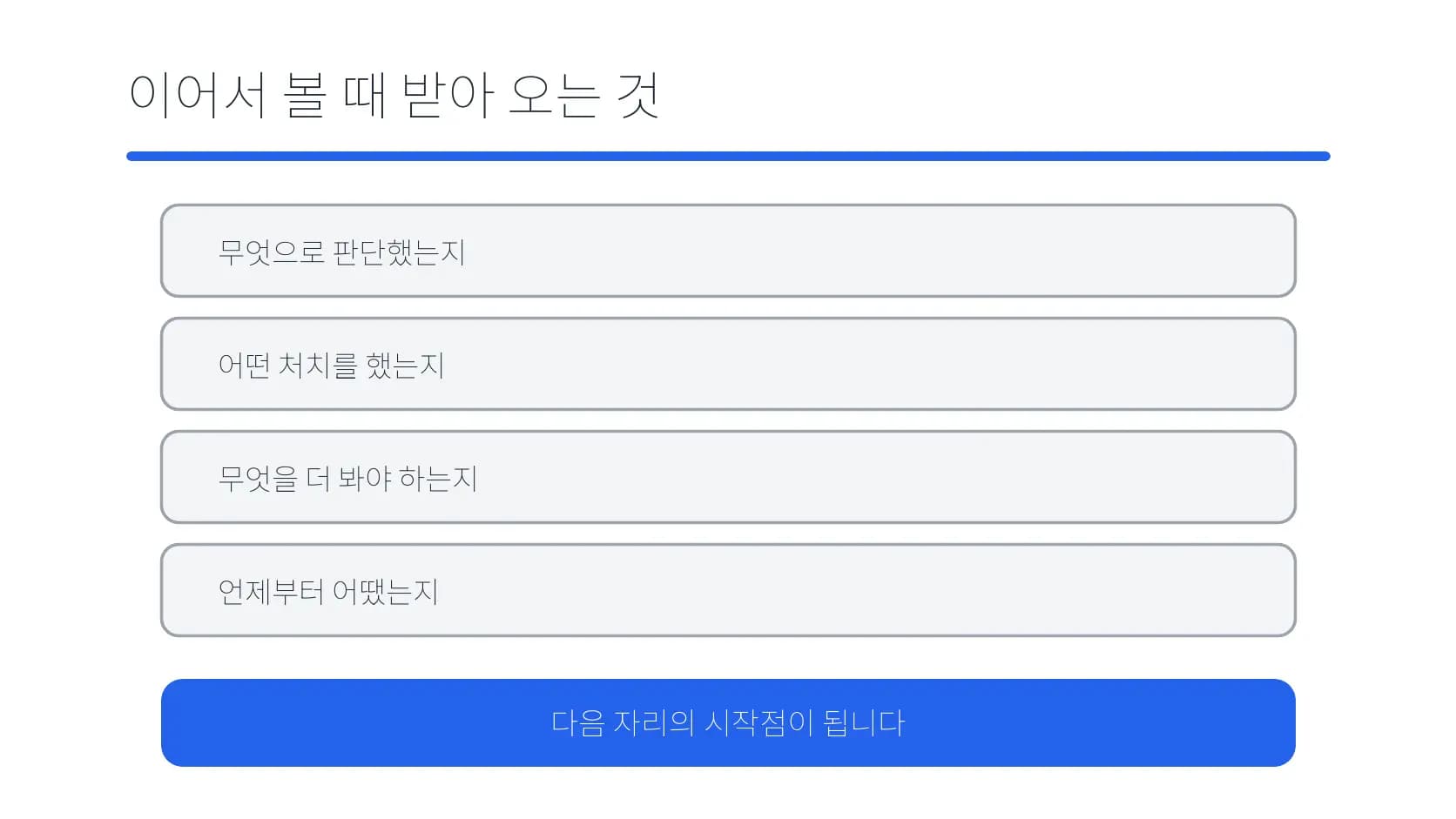 다음 진료 자리로 가져갈 판단·처치·증상 정보를 정리한 도식