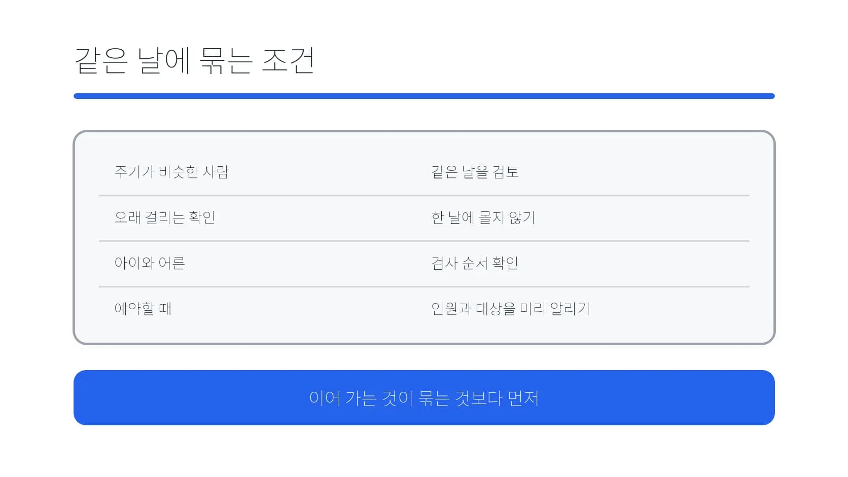 가족 검사를 같은 날 묶을 때 확인할 조건 도식