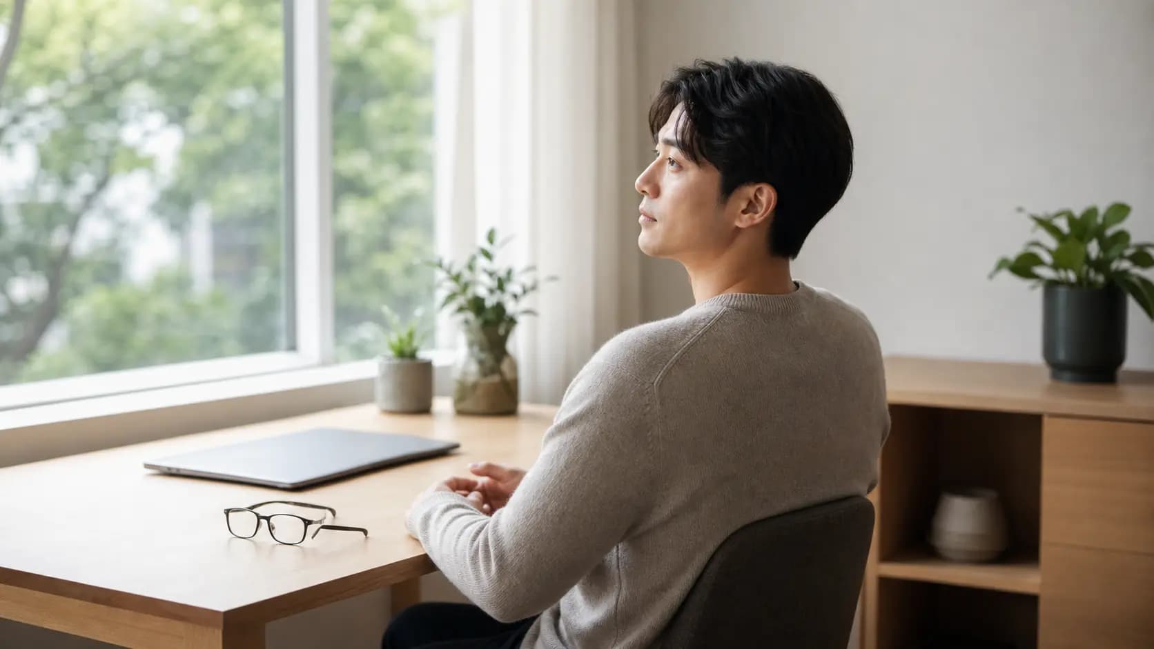 스마일라식 회복 중 책상 작업을 쉬며 먼 곳을 바라보는 성인